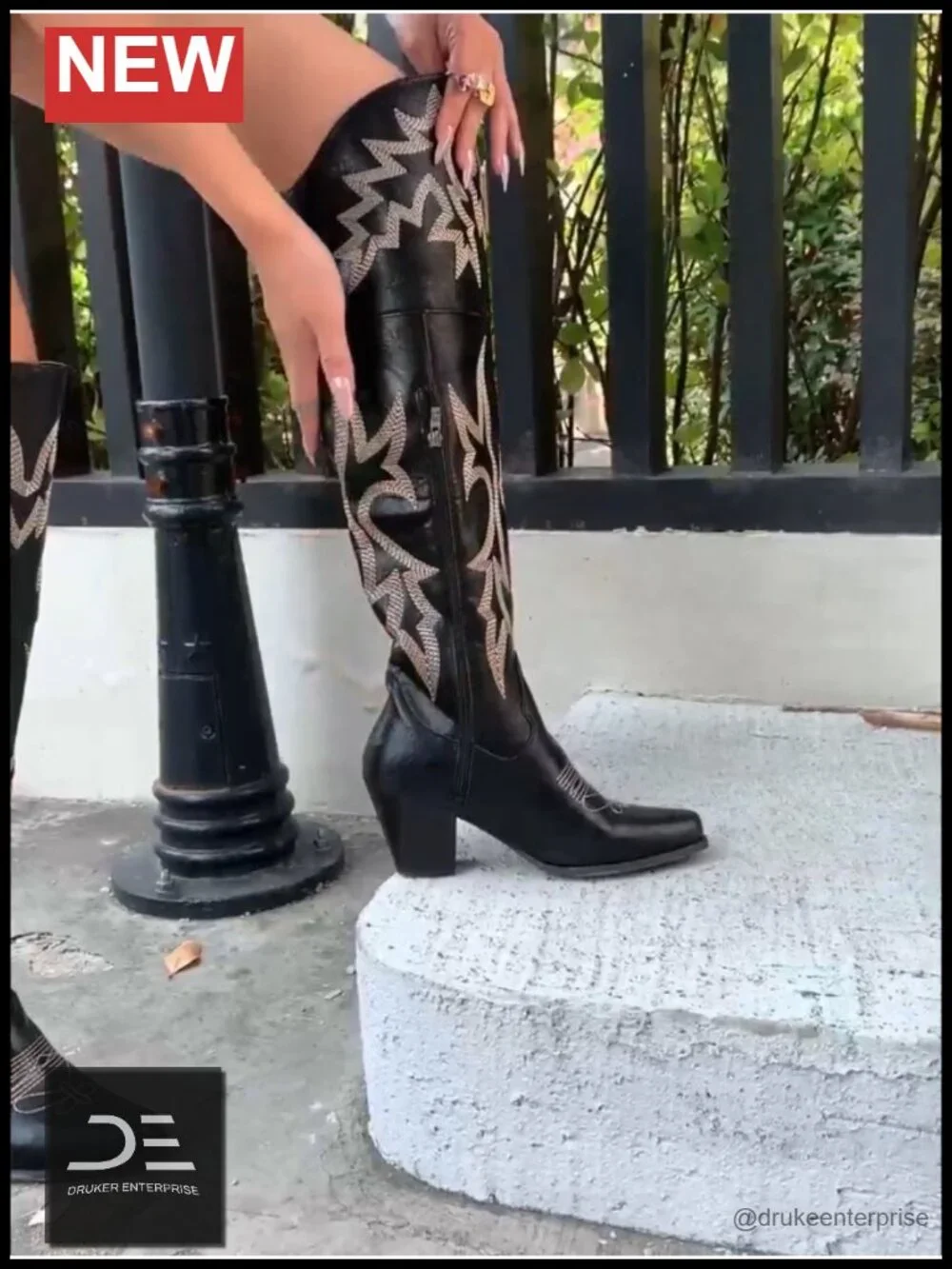 Women's Over-the-Knee Cowboy Boots Square Toe PU Leather Embroidery Zipper